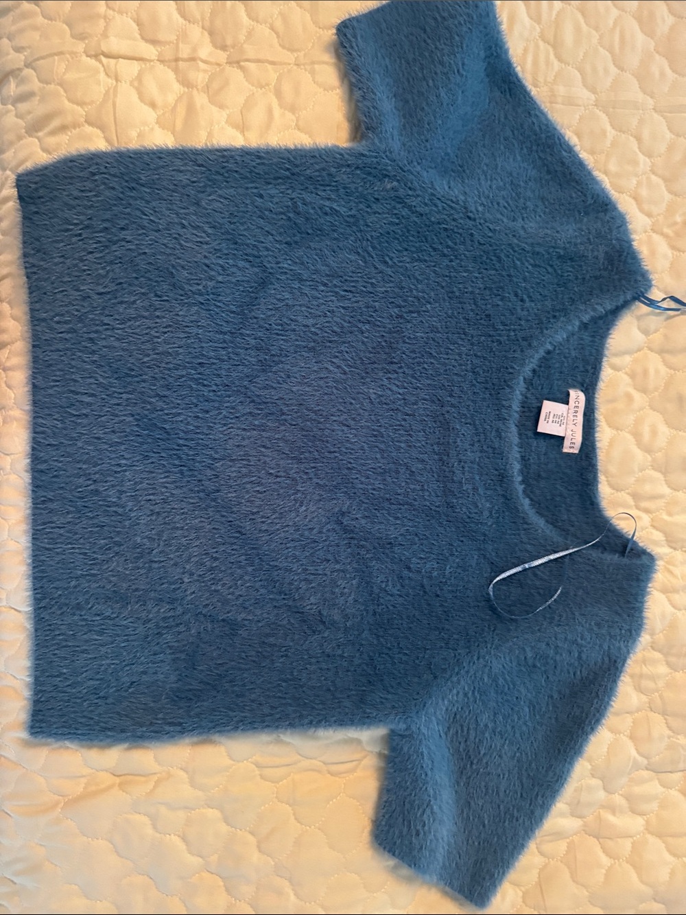 Sincerely Jules Teal Fuzzy Short-Sleeve Crew Sweater